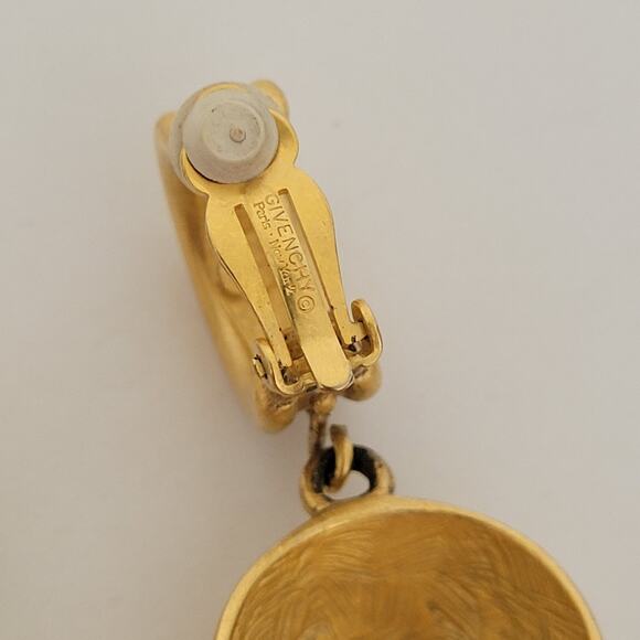 Vintage Givenchy Drop Gold Tone Clip on Earrings Round Glam Statment Logo Retro - Picture 4 of 11